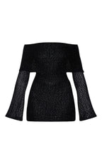 MINI ROBE TEXTURÉE CRÈME À COL BARDOT ET MANCHES ÉVASÉES
