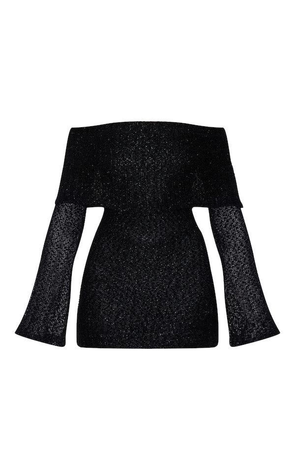 MINI ROBE TEXTURÉE CRÈME À COL BARDOT ET MANCHES ÉVASÉES