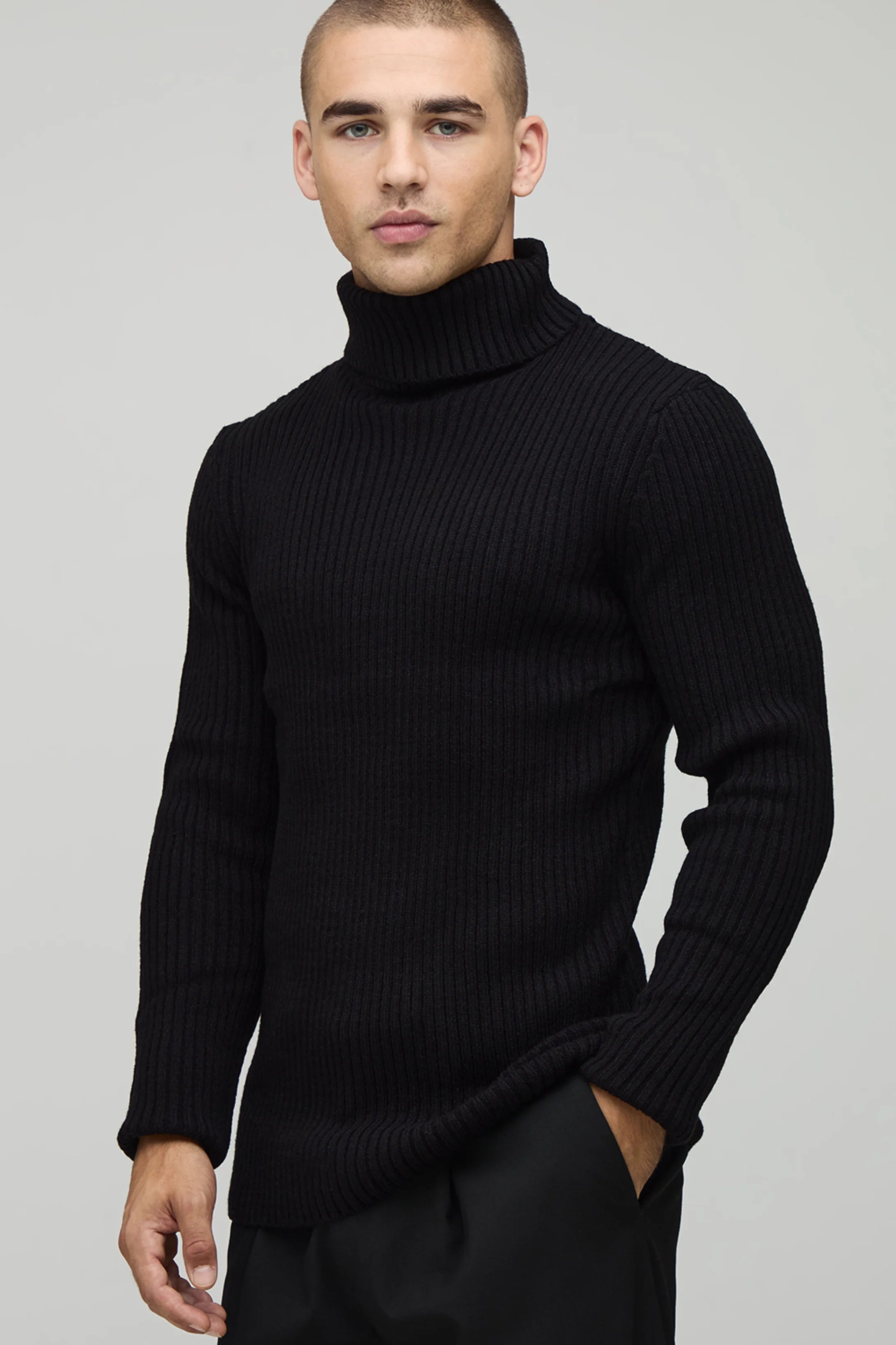 MUSCLE FIT RIBBED ROLL KNITTED JUMPER
