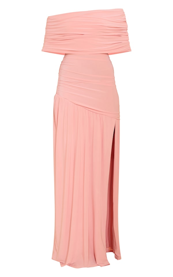 ROBE LONGUE MOULANTE BLEUE FRONCÉE À COL BARDOT SUPERPOSÉ ET ÉPAULE UNIQUE