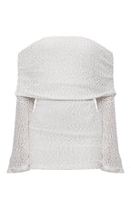 MINI ROBE TEXTURÉE CRÈME À COL BARDOT ET MANCHES ÉVASÉES