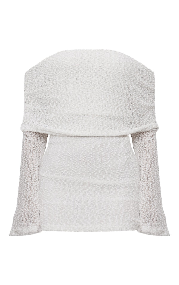 MINI ROBE TEXTURÉE CRÈME À COL BARDOT ET MANCHES ÉVASÉES
