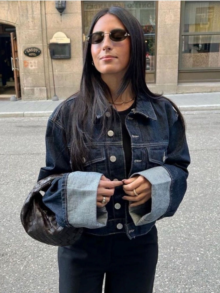 VESTE EN JEAN OVERSIZE À REVERS CONTRASTÉS