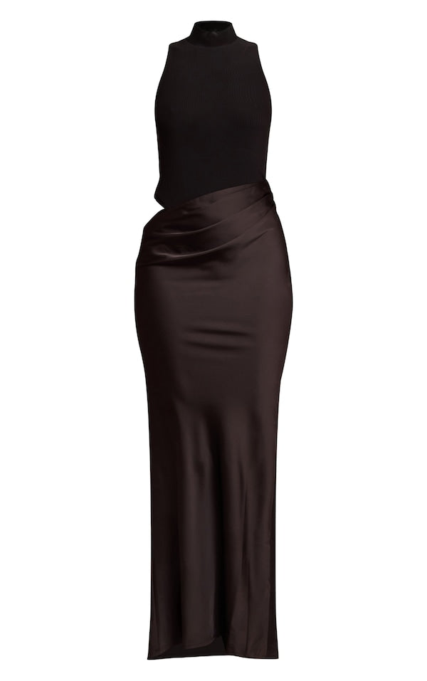 ROBE LONGUE EN MESH À COL NAGEUR ET JUPE SATINÉE