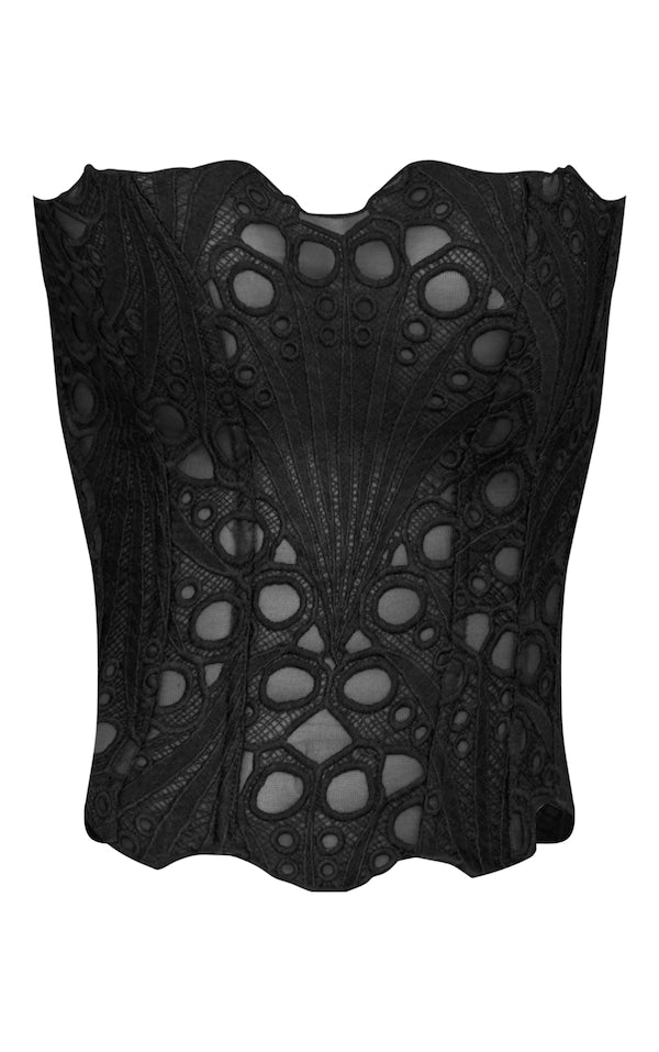 CORSET EN DENTELLE TEXTURÉE NOIRE TRANSPARENTE FLEURIE