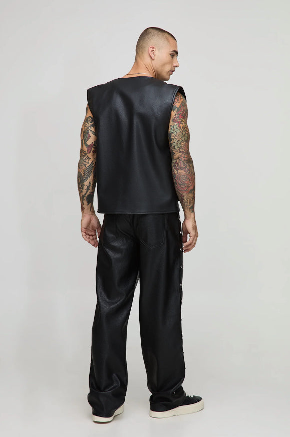 FIXED WAIST RELAXED TUMBLED PU SIDE STUD TROUSER