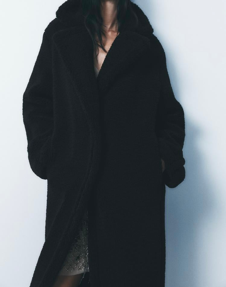 Manteau long effet mouton - Noir