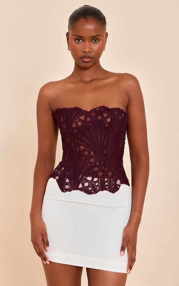 CORSET EN DENTELLE TEXTURÉE NOIRE TRANSPARENTE FLEURIE