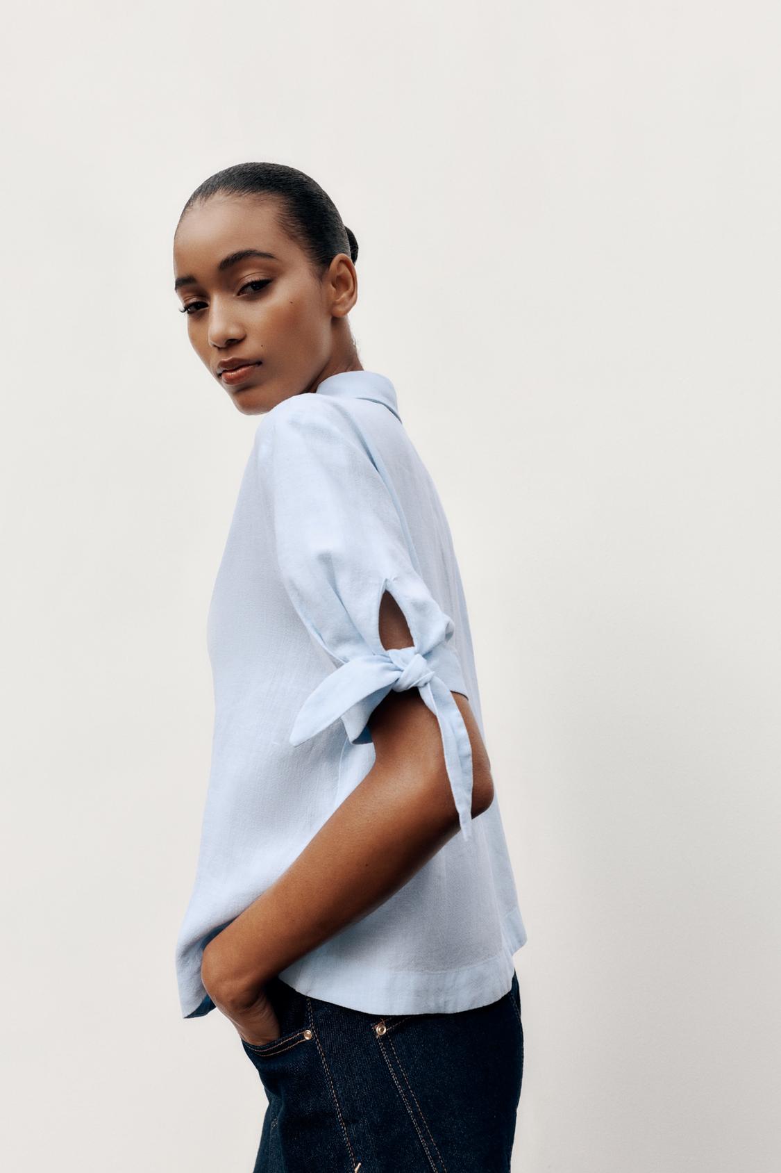 CHEMISE MANCHES COURTES AVEC LACETS EN RAMIE