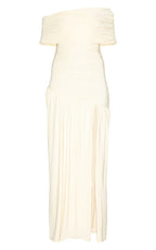 ROBE LONGUE MOULANTE BLEUE FRONCÉE À COL BARDOT SUPERPOSÉ ET ÉPAULE UNIQUE