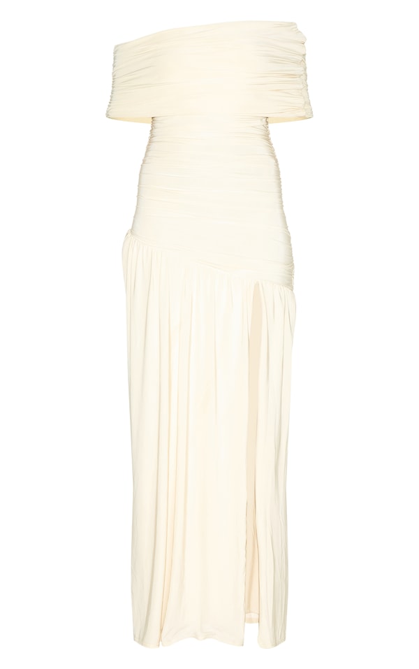 ROBE LONGUE MOULANTE BLEUE FRONCÉE À COL BARDOT SUPERPOSÉ ET ÉPAULE UNIQUE