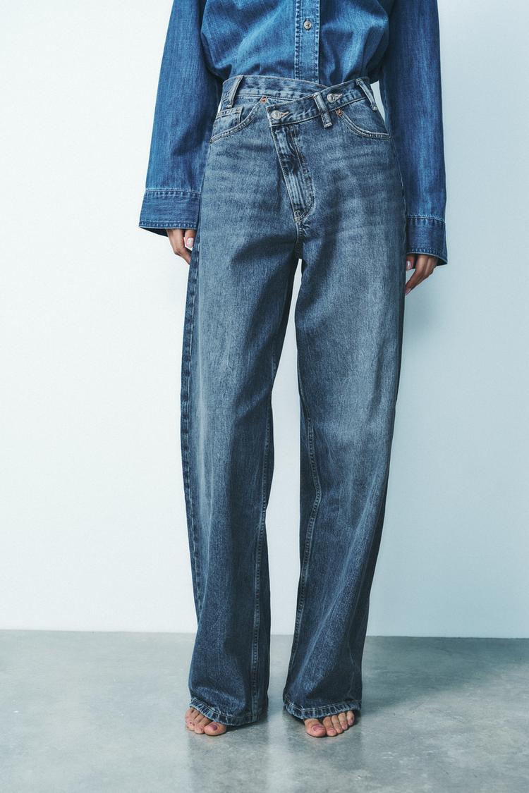 Jean trf wide leg cinturilla cruzada taille haute - Bleu