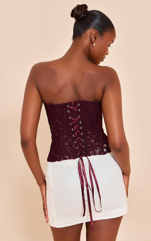 CORSET EN DENTELLE TEXTURÉE NOIRE TRANSPARENTE FLEURIE