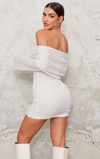 MINI ROBE TEXTURÉE CRÈME À COL BARDOT ET MANCHES ÉVASÉES