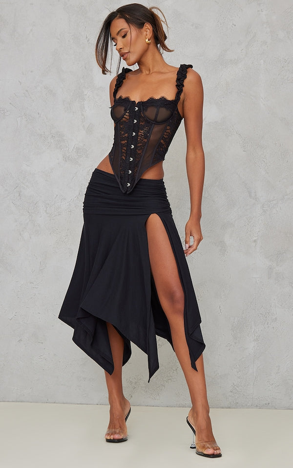 JUPE MI-LONGUE DOUCE ASYMÉTRIQUE FRONCÉE