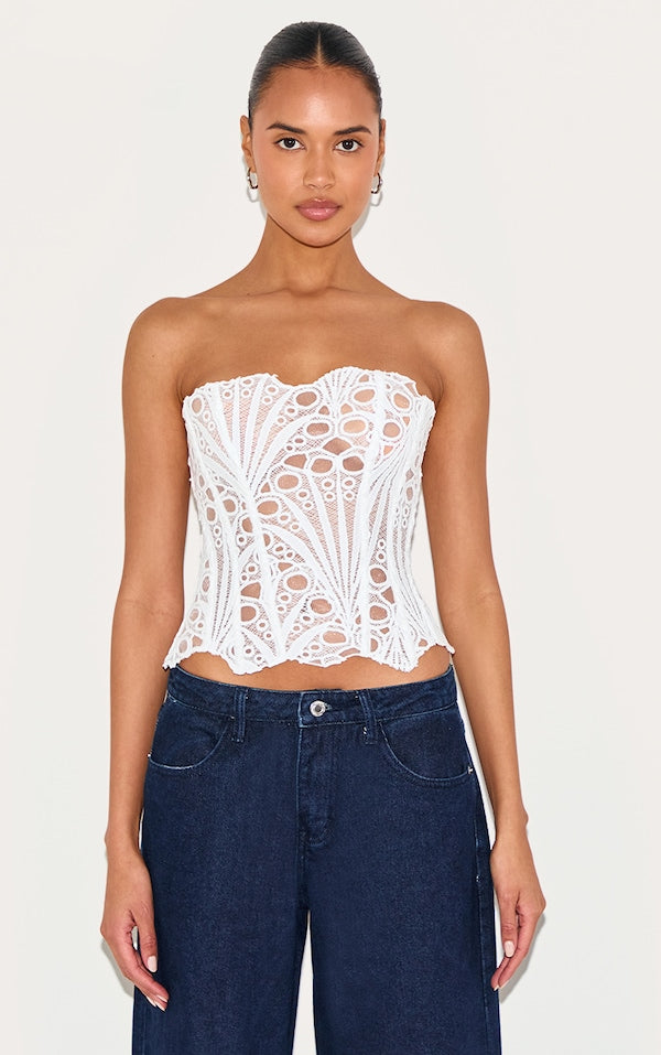 CORSET EN DENTELLE TEXTURÉE NOIRE TRANSPARENTE FLEURIE
