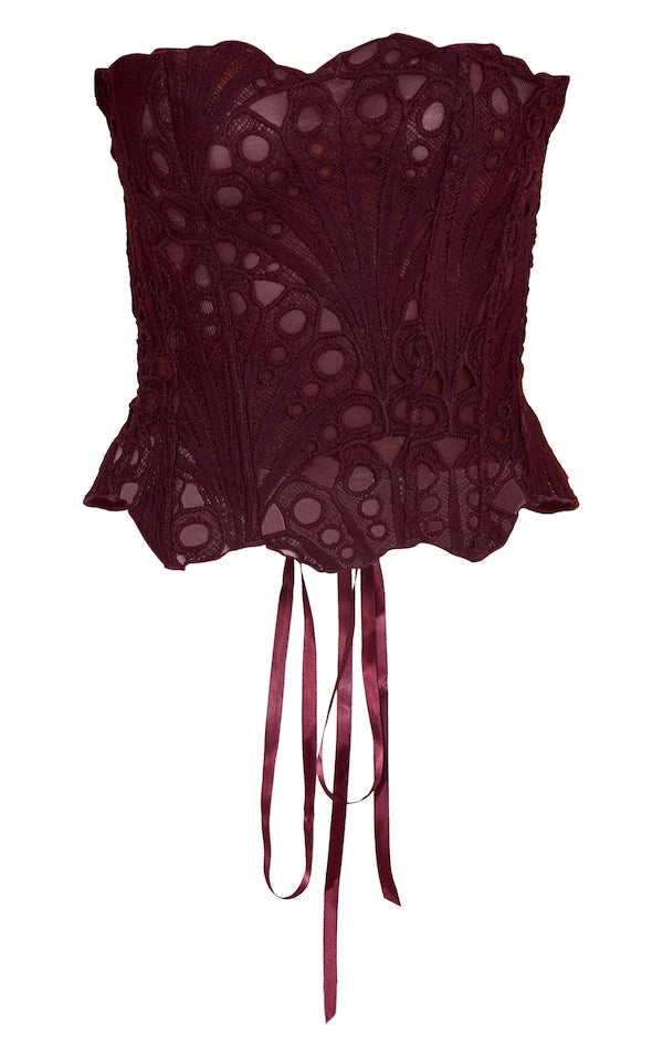 CORSET EN DENTELLE TEXTURÉE NOIRE TRANSPARENTE FLEURIE