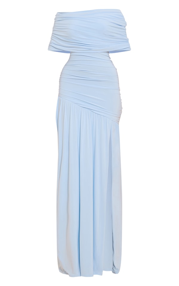 ROBE LONGUE MOULANTE BLEUE FRONCÉE À COL BARDOT SUPERPOSÉ ET ÉPAULE UNIQUE