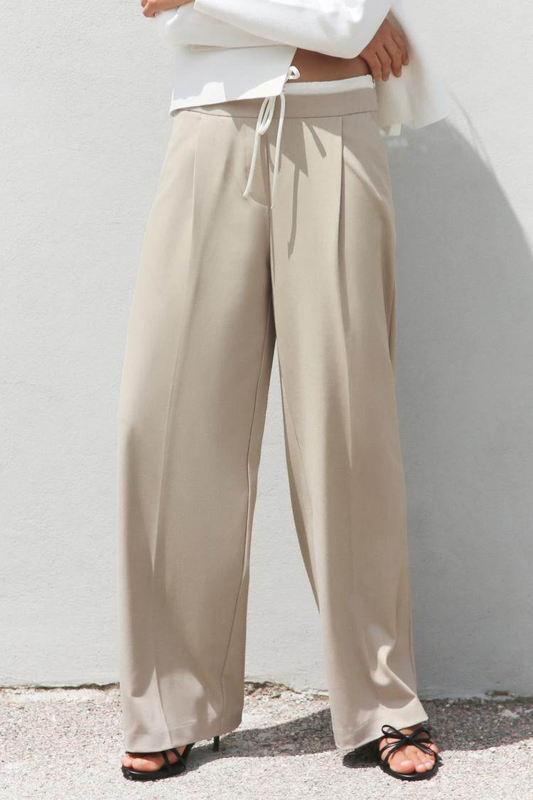 Pantalon large a taille double - Beige