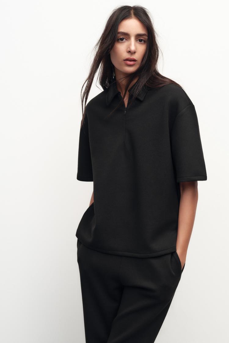 Top à Col polo avec zip - Noir