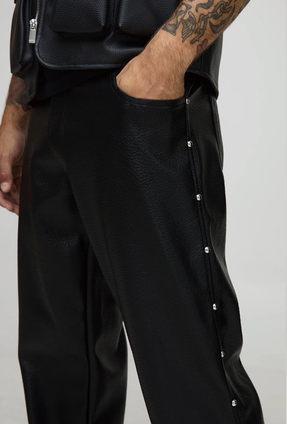 FIXED WAIST RELAXED TUMBLED PU SIDE STUD TROUSER